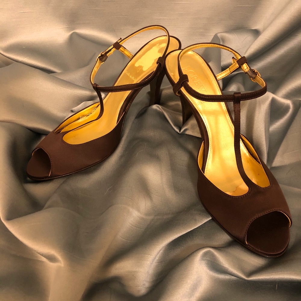 J Crew brown satin open toe heel sz 9